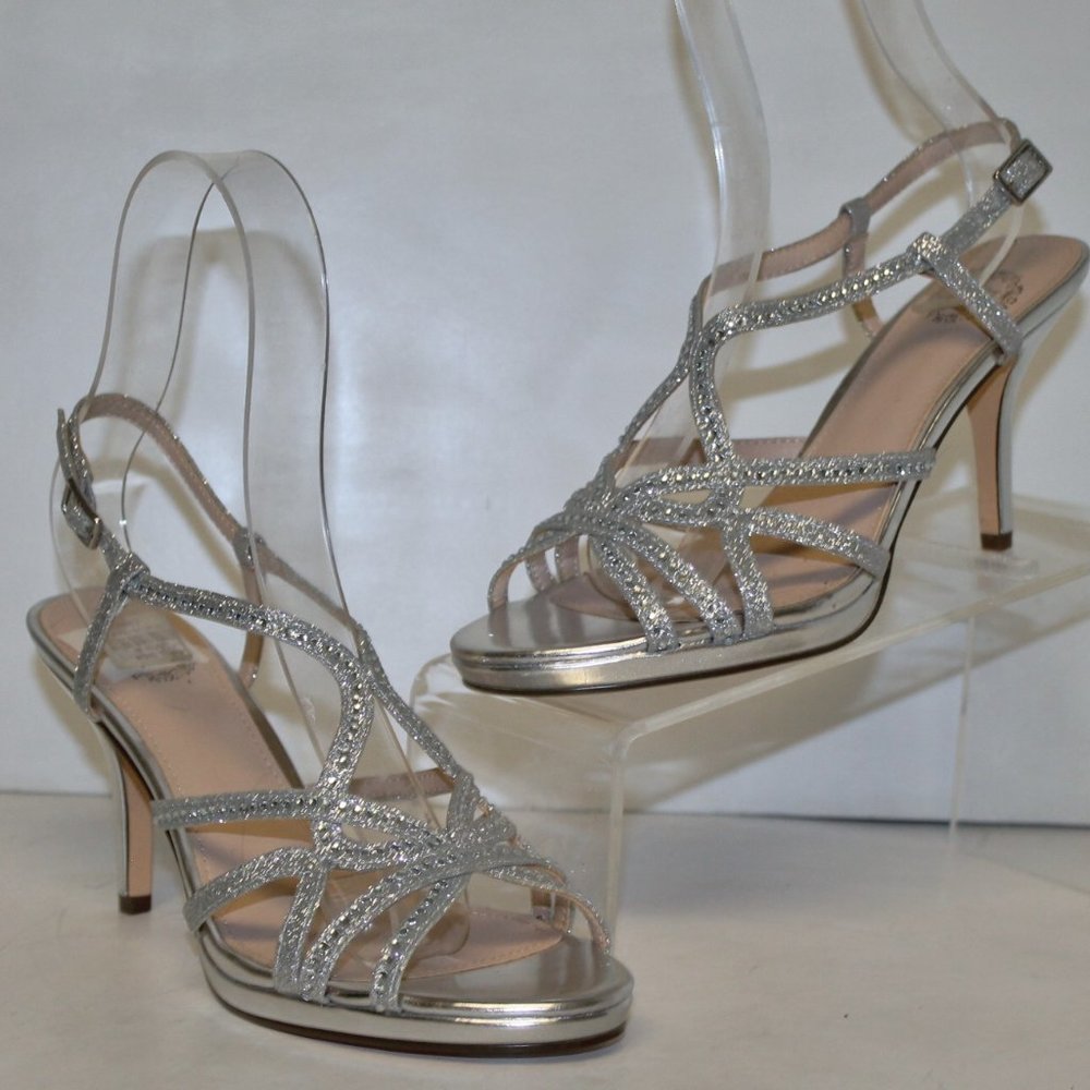 New I Miller JC Penny Silver Crystal Strappy Platform Heels Pumps